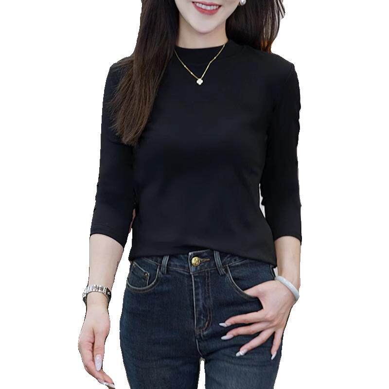 蕉艺半高领修身长袖打底衫女2025春季新款显瘦磨毛T恤正肩上衣
