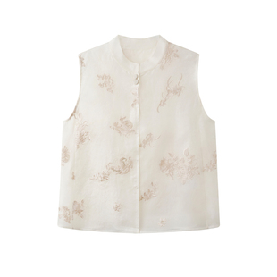 如意连云【青谣】真丝欧根纱提花马甲女新中式国风绣花盘扣背心