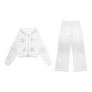 TCH烫钻满天星休闲风短款连帽外套满直筒裤白色套装女T78A07E1091