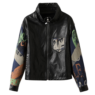 秋冬新款拼接真皮外套短款时尚高级感立领休闲皮衣女帅气欧美夹克