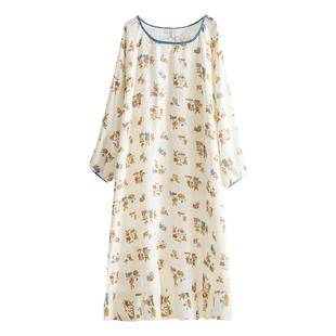 纯棉纱布睡裙女加大码胖mm200斤春秋长袖圆领宽松孕妇睡衣家居服