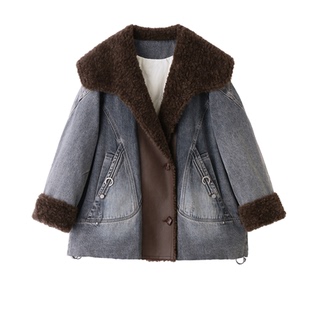 羊羔毛大翻领牛仔羽绒服女2025冬宽松休闲中长款白鸭绒羽绒衣外套