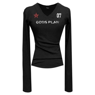 Gods plan*上帝计划 原创暗黑小众V领数字印花修身收腰长袖辣妹女