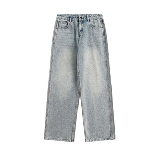 Dashufulcrum美式水洗做旧浅色三本针牛仔裤男女复古直筒阔腿长裤