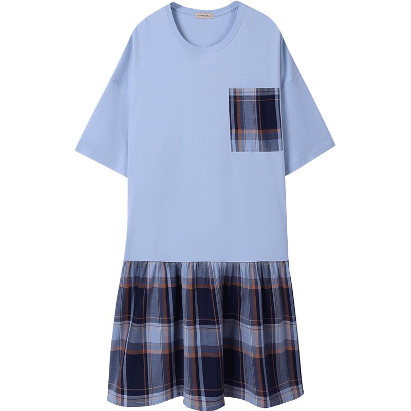 秋鹿睡裙女拼接大格纹家居服夏季短袖薄款纯棉格子外穿睡衣连衣裙