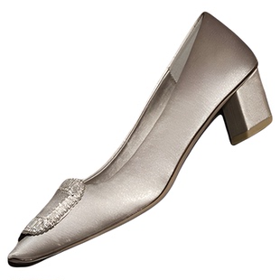 【benefanfan】买版开发钻扣绸缎高跟鞋方扣几何跟真皮底方头单鞋