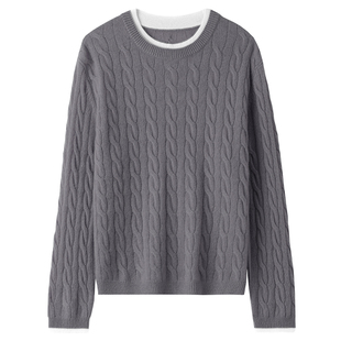 思诺芙德圆领拼色绞花100%山羊绒衫女安哥拉红针织毛衣25秋冬新款