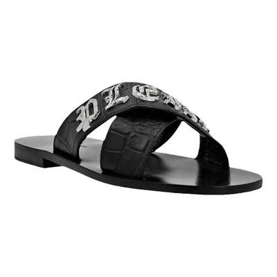 PhilippPlein男鞋黑色鳄鱼纹小牛皮交叉鞋面平底拖鞋