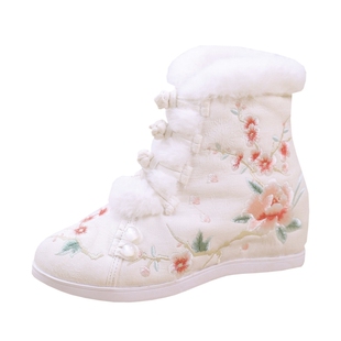 老北京布鞋女冬季加绒内增高古风汉服鞋子休闲民族风高帮绣花棉靴