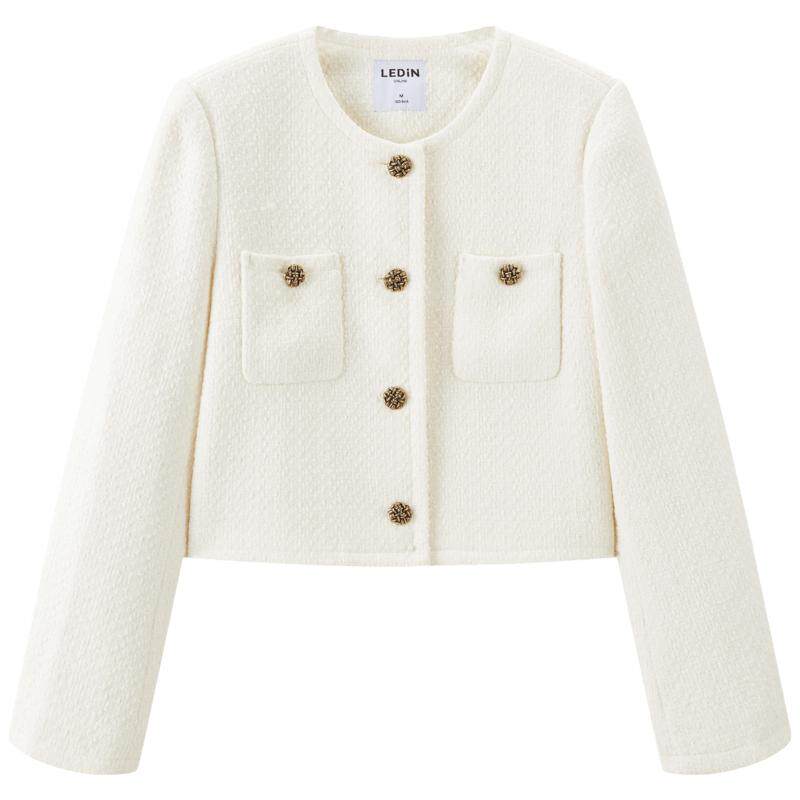 乐町高智千金正肩小香风外套女短款2025秋季新款粗纱拉花纽扣外套