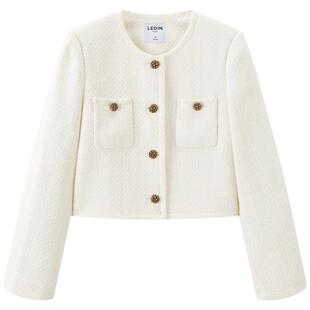 乐町高智千金正肩小香风外套女短款2025秋季新款粗纱拉花纽扣外套