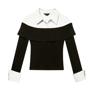 白鹿语异质拼接撞色设计感上衣25春新款气质翻领修身长袖女式衬衫