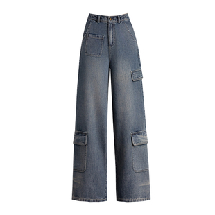 多口袋工装裤宽松直筒牛仔裤女2026新款春秋加绒裤子复古蓝阔腿裤