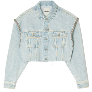 SANDRO Outlets秋冬女装法式时尚优雅棉质浅蓝短款仿钻牛仔外套