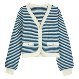 solighter26支全羊毛针织开衫2025秋季新款复古显瘦V领条纹毛衣