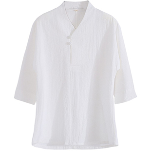 夏季棉麻文艺复古青年V领T恤汗衫七分袖汉服连肩国风中式唐装男女