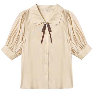 紫涵森系文艺短袖衬衫灯笼袖衬衣夏季新款双层领领结上衣休闲百搭