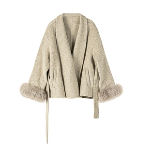 Amii【轻奢风】秋冬青果领可拆卸奢华毛毛袖绵羊毛双面呢大衣女