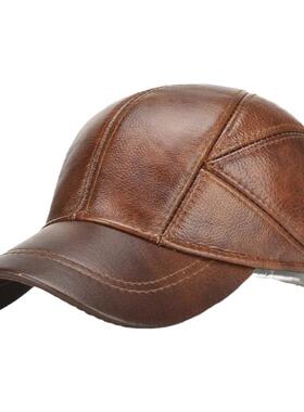 韩版皮帽子男秋冬季保暖牛皮帽子中老年户外夹棉带护耳真皮棒球帽