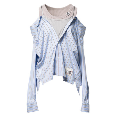 MMY三原康裕女款假两件条纹衬衫气质显瘦长袖上衣B16SH181