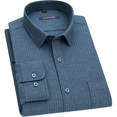 罗蒙中年纯棉磨毛条纹衬衫男长袖