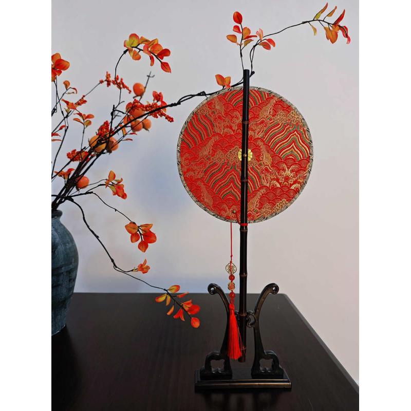 荷塘月韵喜扇古风汉服圆形腰扇可卷折叠古扇拍照表演走秀舞蹈道具