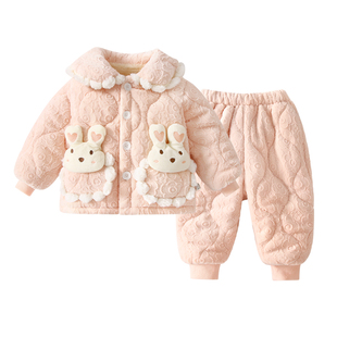 宝宝保暖衣套装女童加绒加厚冬季套装婴儿秋冬长袖外套新生儿睡衣