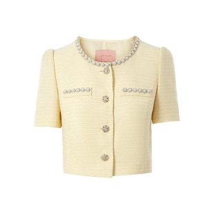 朗姿集团莱茵福莱尔柠檬黄色外套半裙套装夏新款优雅花呢小香风