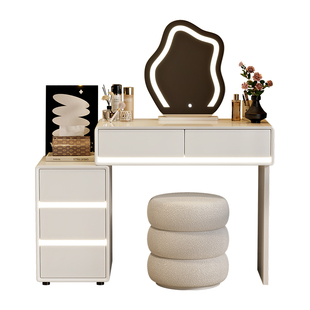 小户型实木60cm梳妆台卧室奶油风斗柜现代简约收纳亮灯迷你化妆桌