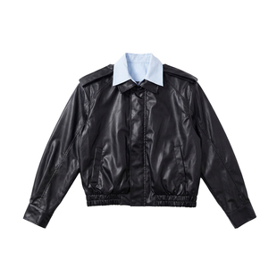 Holocene美式潮牌翻领黑色机车皮衣高级感短款PU皮夹克痞帅外套男