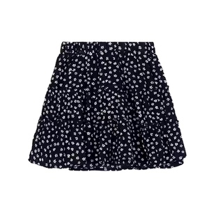 黑色碎花蛋糕短裙女夏季高腰大码胖mm遮肚显瘦小个子a字半身裙子