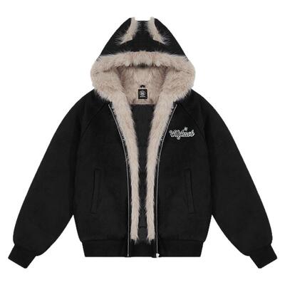 404MOB秋冬新品加厚棉服开衫连帽棉衣男女同款毛领猫耳座山雕外套