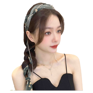 气质流苏珍珠欧根纱碎花编发发卡发箍新款带齿防滑头箍女夏天发饰