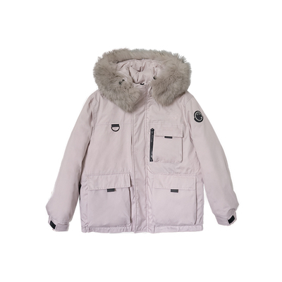 毛领紫色派克工装羽绒服