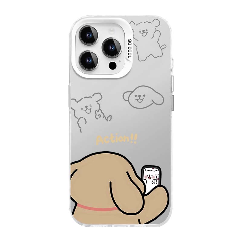 拍照线条小狗情侣双层彩银手机壳适用于苹果16ProOPPOReno12Pro华为荣耀X60ProVIVOs19小米一加魅