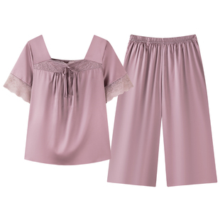 冰丝睡衣女款中年妈妈夏季薄款短袖七分裤中老年人家居服两件套装