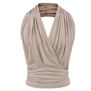 【包邮】美式辣妹风性感挂脖V领褶皱吊带背心女修身显瘦无袖上衣