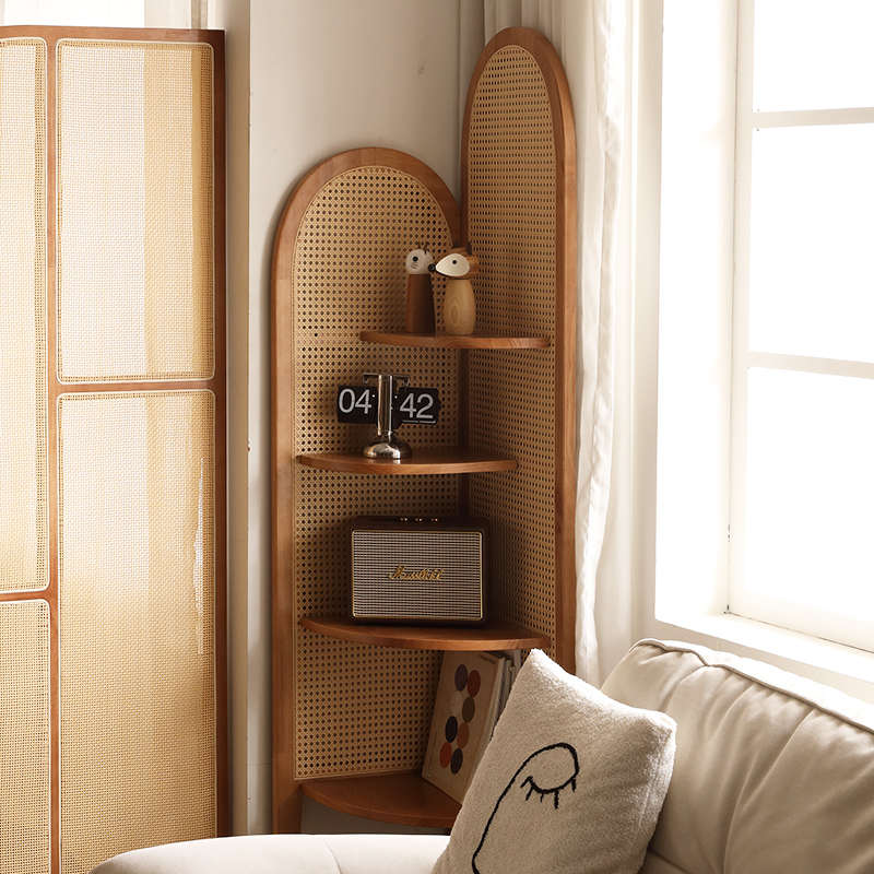 法式中复古实木藤编三拐转角柜子置物书架客厅沙发边收纳屏风装饰