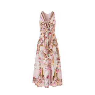 Sun雅乔【艺术巴黎】夏季新款名媛风复古印花V领镶钻挂脖连衣裙女