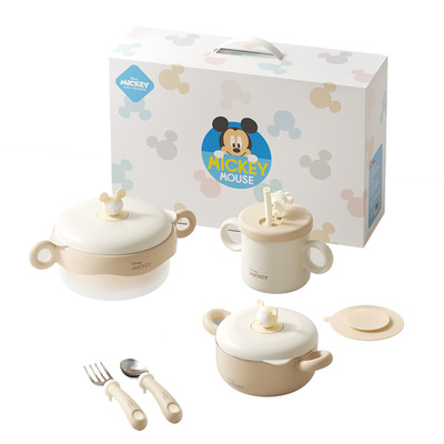 迪士尼儿童宝宝辅食碗套装注水碗婴儿吸管水杯叉勺五件套餐具礼盒