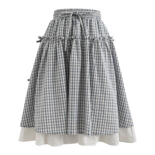 森女部落日系少女设计感格子中长款A字裙子新款高腰半身裙女夏季