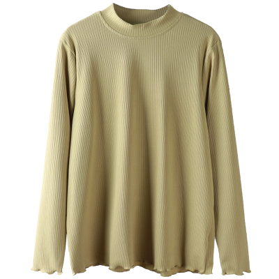 坑条打底衫大码女长袖立领木耳边