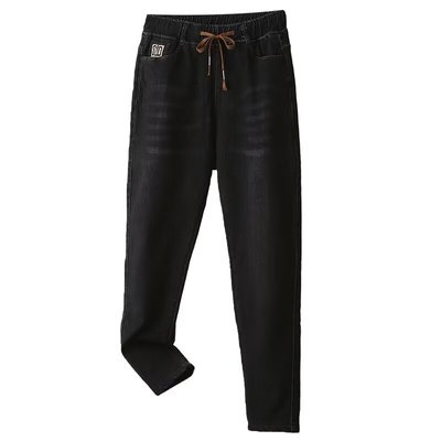 大码女装加绒加厚黑色牛仔裤