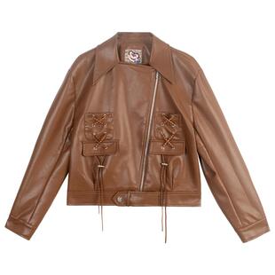 KEIKO 高智姐感穿搭棕色短款皮衣外套26春季酷感亮面机车皮夹克