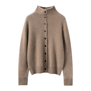 康家线~新款100纯山羊绒衫女七针立领带扣宽松针织开衫毛衣外套