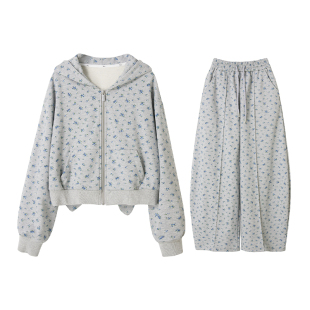【玉兔花事】Uena明星同款灰色碎花耳朵连帽开衫卫衣香蕉裤套装女
