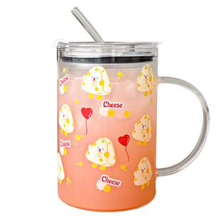 大容量带刻度高硼硅玻璃杯女生可爱把手双饮水杯可乐果汁吸管杯子