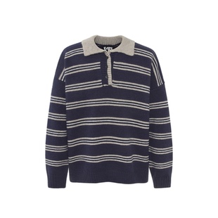 短句先生藏青灰条纹翻领针织毛衣