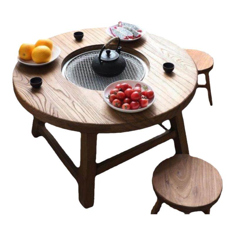 老榆木围炉茶桌原木小圆桌家用炭火围炉煮茶桌子室内新中式火锅桌