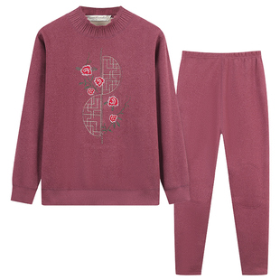 中老年人保暖内衣套装女加绒加厚妈妈秋衣秋裤老太太内搭打底衣服